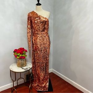 MAC DUGGAL Bronze Long Sleeve One Shoulder Sequin Gown With Slit